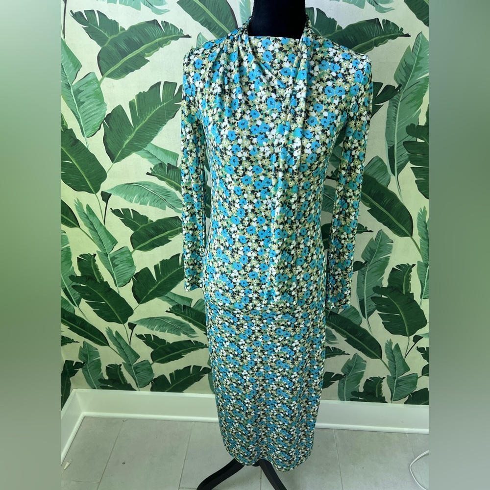 Zara green blue floral long-sleeve midi dress high neck Kentucky Derby Medium - Picture 8 of 14